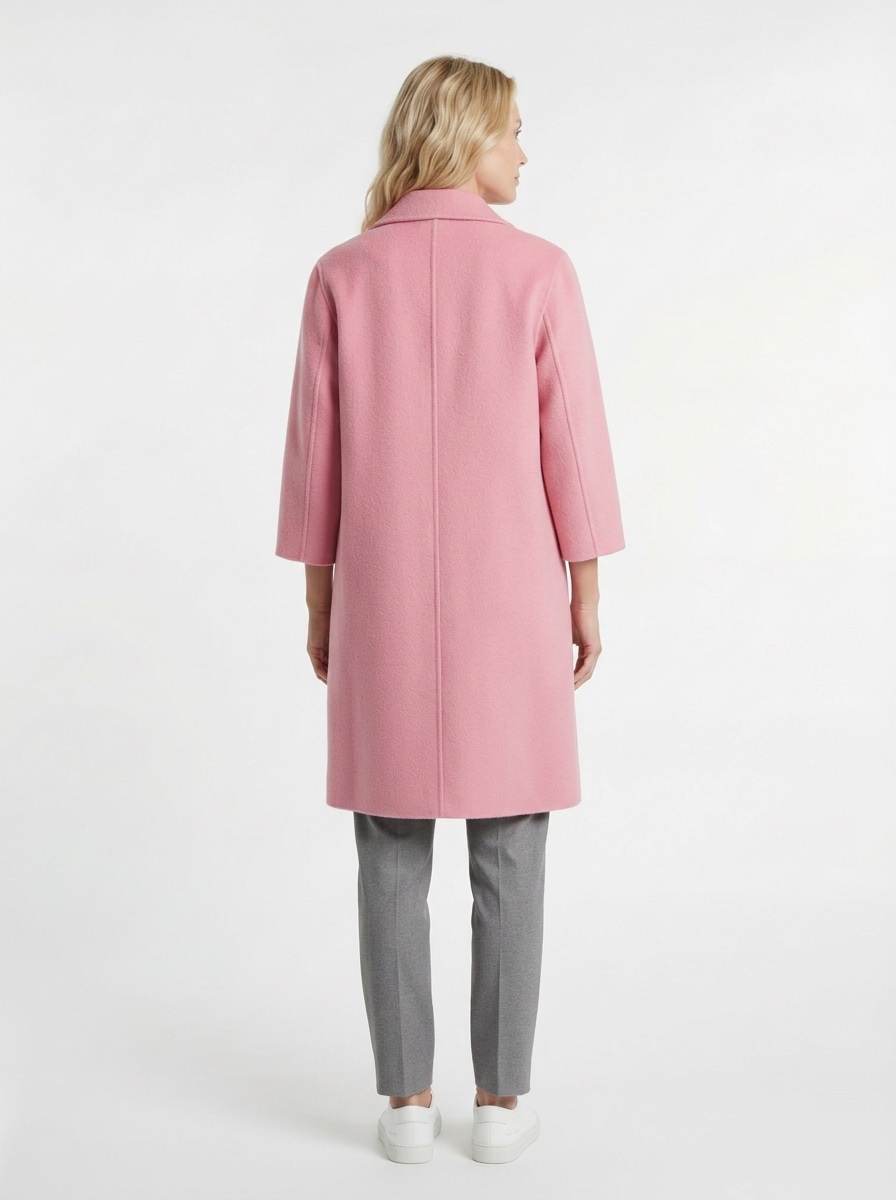 AI-generated model wearing a pink coat, back view