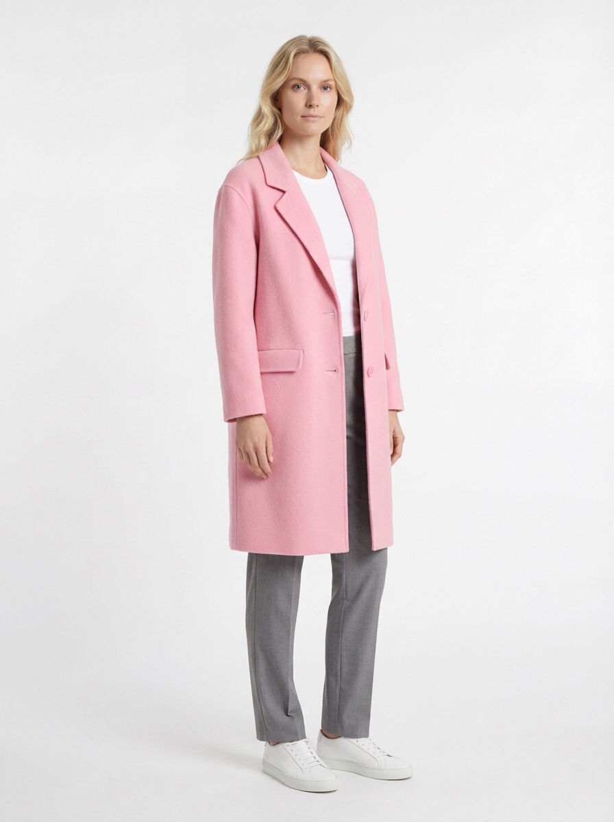 AI-generated model wearing a pink coat, three-quarter view