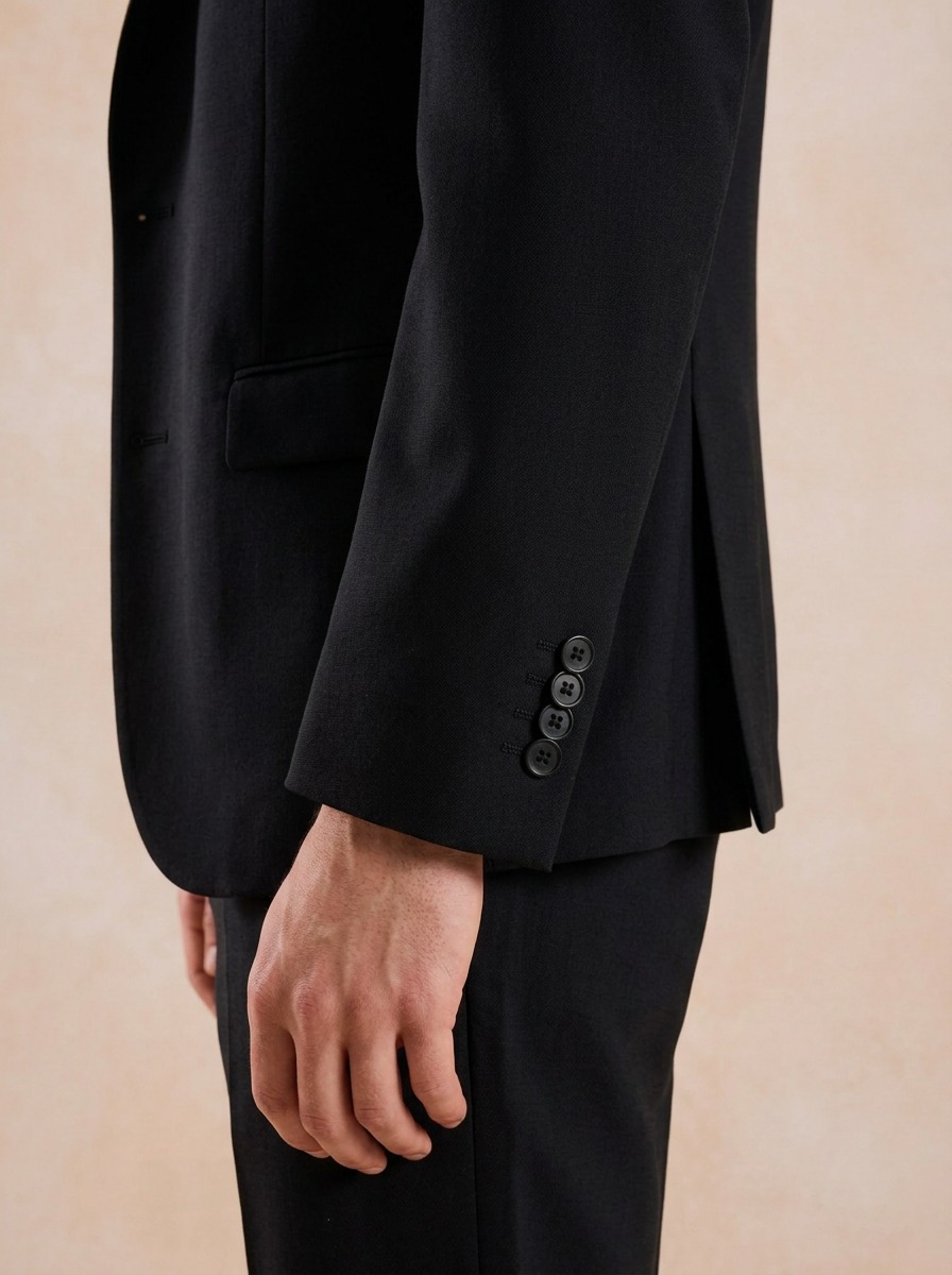 AI-generated close-up of a dark jacket cuff with four buttons