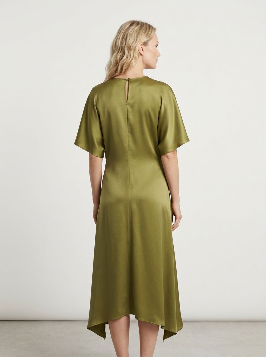 AI-generated model wearing an olive asymmetric dress, back view