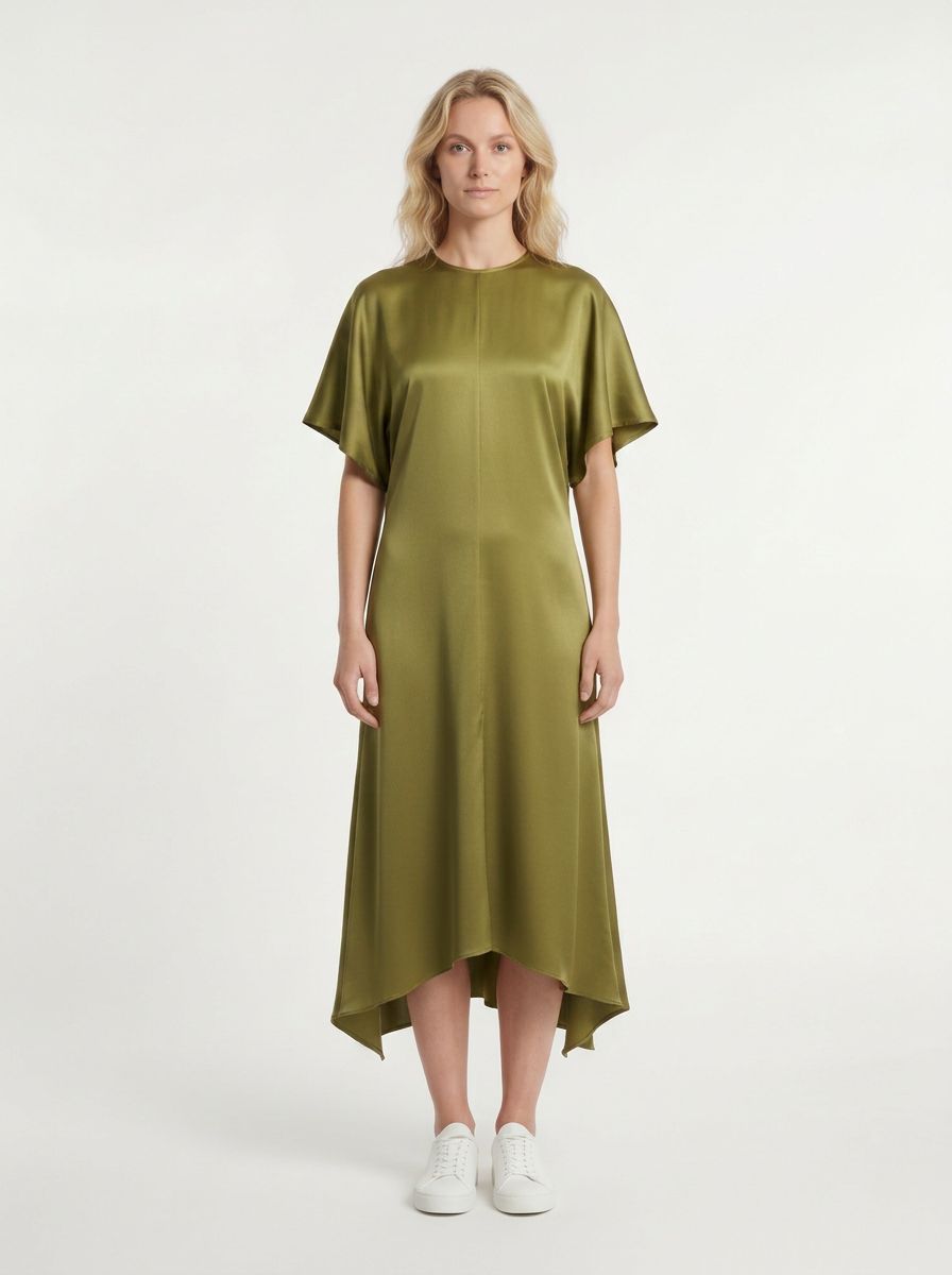 AI-generated model wearing an olive asymmetric dress, front view