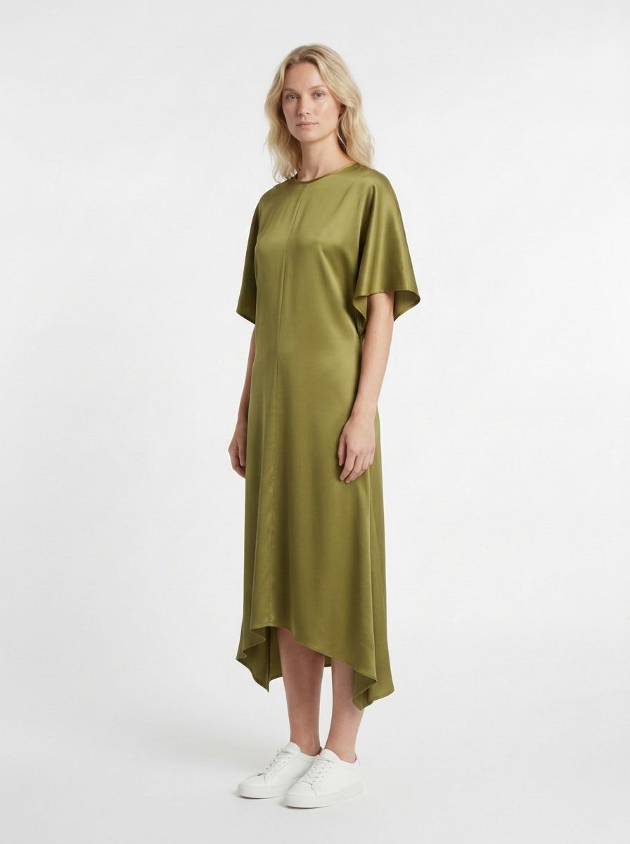 AI-generated model wearing an olive asymmetric dress, three-quarter view