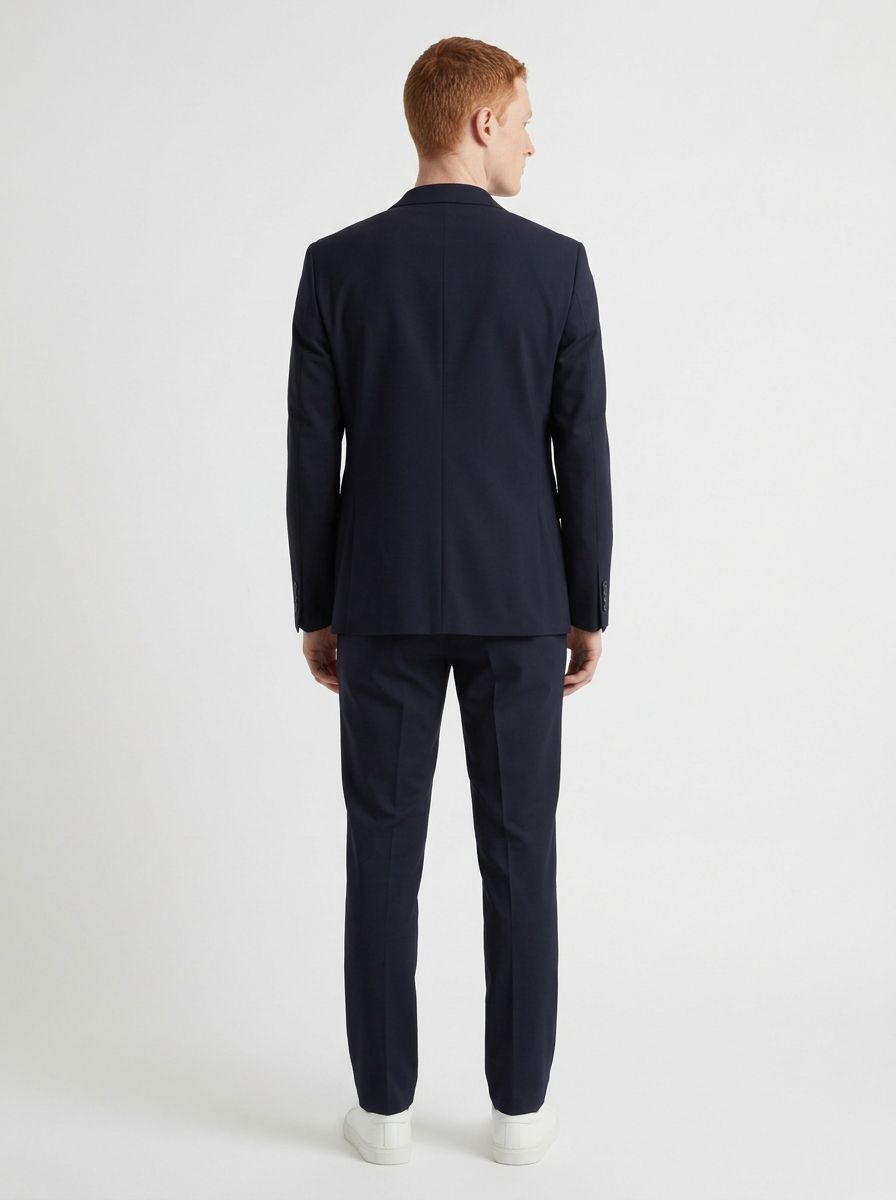 AI-generated model wearing a dark jacket and trousers, back view